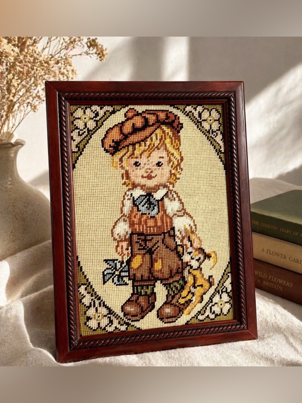 VTG Framed Needlepoint Boy w Dog 16x12 Rico Gobelin Cottagecore Wall Art Nursery